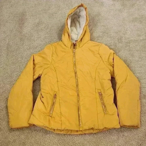 Pink Platinum Yellow Faux Fur Puffer Women's Jacket Size M #T454 - Picture 1 of 8